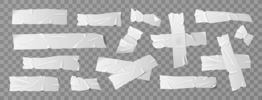 Set of white duct tape, adhesive tape or sticky paper strips. Isolated elements with overlay on background. Collection of realistic tape pieces for collages and school designs. vector