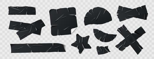Set of glossy black duct tape, adhesive tape, or sticky paper strips. Isolated elements in various shapes on background. Collection of realistic tape pieces for collages and creative designs. vector