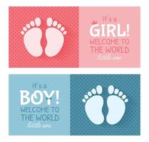 Set of simple invitation cards or flyers for a baby shower, birthday, or gender reveal party. It's a Boy. It's a Girl. Isolated horizontal templates with footprints and text on background. vector