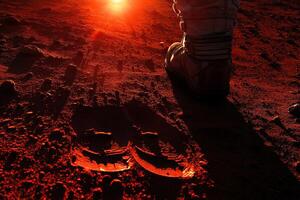 Close-up of astronaut's dirty boots on the surface of the red planet. Concept of Mars exploration photo