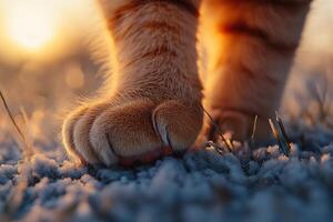 Macro photo of cat paws. Cute cat paws close-up on carpet in sunlight. Domestic cat standing on carpet in living room. Generated by artificial intelligence