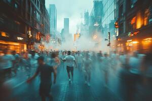 Crowd of people on a city street in bokeh. Generated by artificial intelligence photo