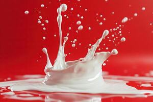 Milk splashes on a red background. Abstract background for design. Generated by artificial intelligence photo