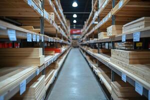 Wooden boards lie on the shelves of a hardware store for sale. Generated by artificial intelligence photo