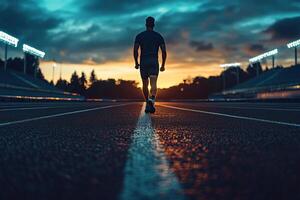 Silhouette of a man walking on a running track at a stadium late in the evening. Generated by artificial intelligence photo