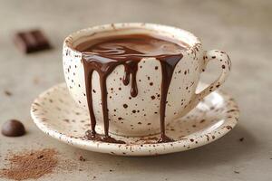 A cup of hot chocolate with chocolate drips sits on a saucer on the table. Generated by artificial intelligence photo