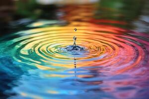 Circles from a drop on colored water. Rainbow colored water ripples. Bright background of water photo
