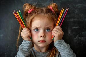 Cute little red-haired girl of primary school age holds color pencils and angry. Imagination and creativity in school concept. Generated by artificial intelligence photo