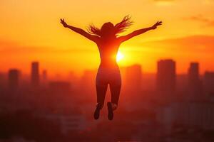 Silhouette of a woman jumping on the roof of a house in the rays of dawn or sunset. Concept of success, freedom, happiness. Generated by artificial intelligence photo