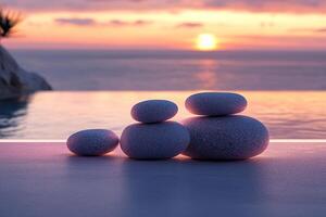 Podium stand with smooth stacks of stones overlooking the sea and sunset. Concept of harmony, balance, spa care. Generated by artificial intelligence photo
