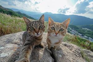 A couple of cats take a selfie together on a smartphone camera while on holiday in the mountains. Funny cats. Generated by artificial intelligence photo