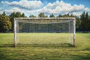 Old football goals with worn paint and net in an open area outside the city. Generated by artificial intelligence photo