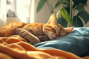 Sleeping red cat on pillow in owner's bed near sunny window. photo