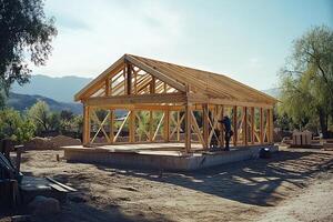 Timber frame structure on a construction site in the mountains against a cloudy sky. New home on an empty lot. The frame is ready for the installation of walls and roof. Real estate. photo