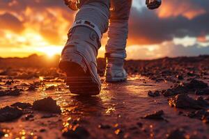 Close-up of astronaut's steps on the surface of the red planet. Concept of exploring other planets photo