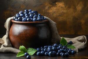 Clay pot full of fresh blueberries on rustic background with burlap on table. Generated by artificial intelligence photo