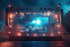 Outdoor stage with musical instruments and a big screen in stage smoke and neon lighting. Crowd of people in front of an empty stage. Show photo