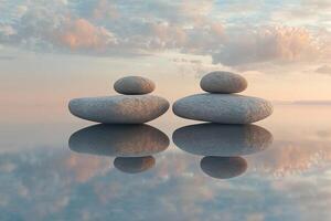 Large smooth stones stand in two stacks on a mirror-like water surface against a calm sky. The concept of balance and peace of mind. Generated by artificial intelligence photo