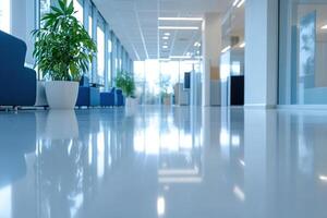 Simple and stylish office environment, bright space with clean shiny floor and blur effect. photo