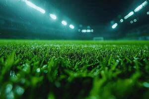Close up of wet green grass in the evening at an empty sports stadium. Generated by artificial intelligence photo