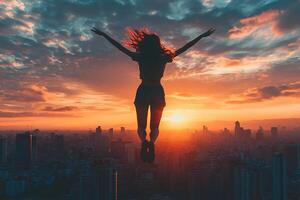 Silhouette of a woman jumping on the roof of a house in the rays of dawn or sunset. Concept of success, freedom, happiness. photo