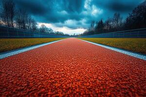 Close up of red running track surface outdoors on cloudy day. Generated by artificial intelligence photo