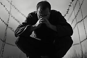 Silhouette of a prisoner behind barbed wire on a gray background. International Holocaust Remembrance Day. Generated by artificial intelligence photo