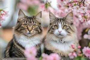 Two cats are sitting under a blossoming sakura tree in the garden in spring. Spring is coming. photo