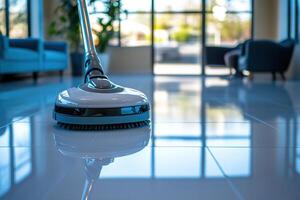 Close-up of a vacuum cleaner on a floor in an office. Office cleaning service concept. Generated by artificial intelligence photo