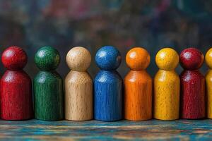 Wooden figures of different colors stand in a row, symbolizing diverse groups, equality and tolerance. Generated by artificial intelligence photo