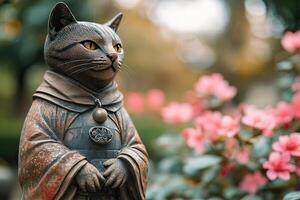 A bronze statue of a cat in a kimono stands in the middle of a flowering garden. Generated by artificial intelligence photo