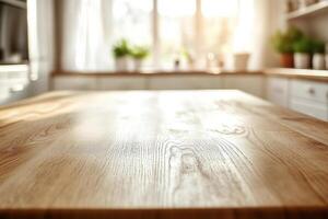 Wood table top on blurred kitchen background. Mock up for montage products display or design layout photo