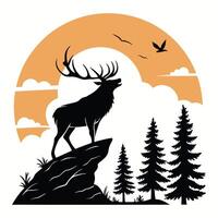silhouette of a deer standing on a rock in the forest vector