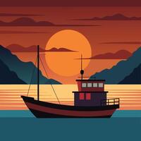 a boat is floating in the ocean at sunset vector