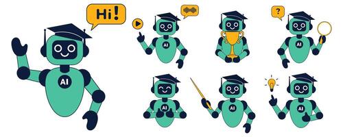 Set modern flat illustrations of cute ai robot, chatbot in school education vector