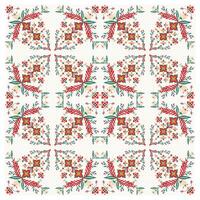 A patterned design featuring vibrant red and green flowers and leaves on a cream dotted background. vector