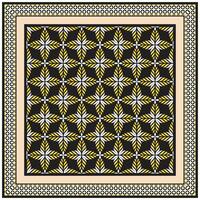A bold, geometric pattern featuring white and yellow star-like flowers against a black background, framed by intricate borders. vector