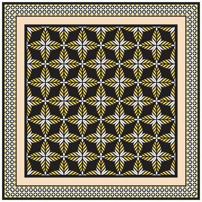 A bold, geometric pattern featuring white and yellow star-like flowers against a black background, framed by intricate borders.