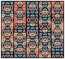 A vibrant geometric pattern featuring circular shapes print in orange, blue, black, and beige, arranged in a grid design. It could be used as a wallpaper, fabric design, or other decorative element. vector
