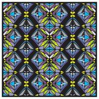 A symmetrical print pattern of colorful geometric shapes in shades of blue, green, purple, and gray against a black background. vector