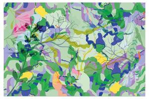 Abstract pattern of overlapping colorful foliage in greens, pinks, yellows, and blues, creating a vibrant, layered design. vector
