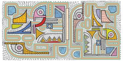 Abstract artwork featuring colorful geometric shapes and bold lines in various patterns, evoking a sense of playfulness and movement. vector
