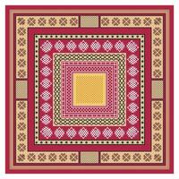 A vibrant geometric print pattern featuring concentric squares in red, yellow, and black, bordered by intricate designs in warm tones. vector