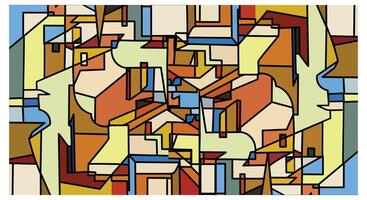 Abstract geometric artwork featuring a mix of warm and cool colors with bold black outlines, bordered by a patterned frame. vector