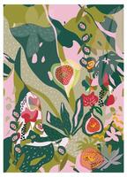Colorful abstract flower, plants and fruits, including strawberries and flowers, set against a pink background a vibrant, whimsical design, creating an engaging visual experience. vector