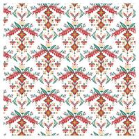 Colorful floral pattern featuring red, green, and cream flowers with intricate leaves on a white background. vector