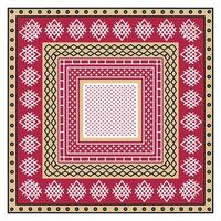 A geometric pattern featuring concentric squares in red, beige, and white, with intricate print designs and borders. vector