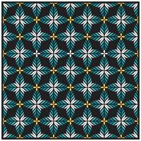 A repeating geometric pattern of turquoise and white leaf-like shapes on a black background, accented with yellow details. vector