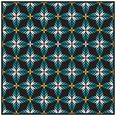A repeating geometric pattern of turquoise and white leaf-like shapes on a black background, accented with yellow details.