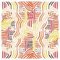 Colorful abstract pattern featuring wavy lines, stripes, and circular motifs in warm hues of red, orange, yellow, brown, and cream. vector
